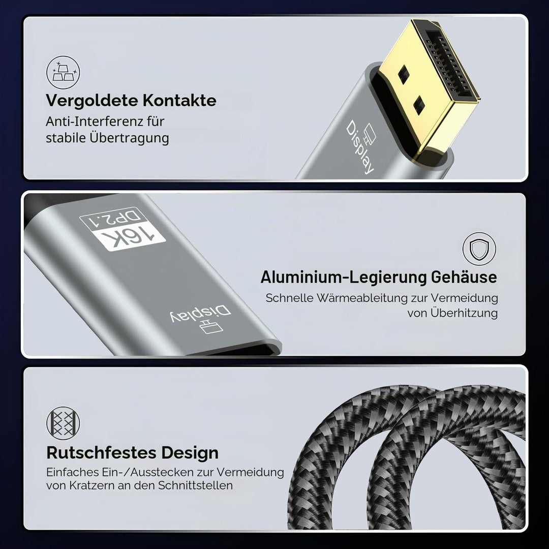 USB C auf DisplayPort 2.1 Kabel, 16K 30Hz 8K 60Hz 4K 240Hz, Thunderbolt 4/3 zu DP Cabel 40Gbps, komp