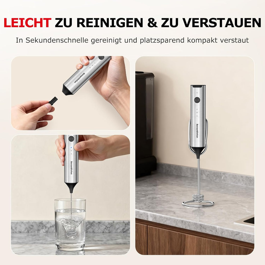 Bonsenkitchen Wiederaufladbarer Handmilchaufschäumer mit Ständer, 3-Geschwindigkeiten elektrischer M