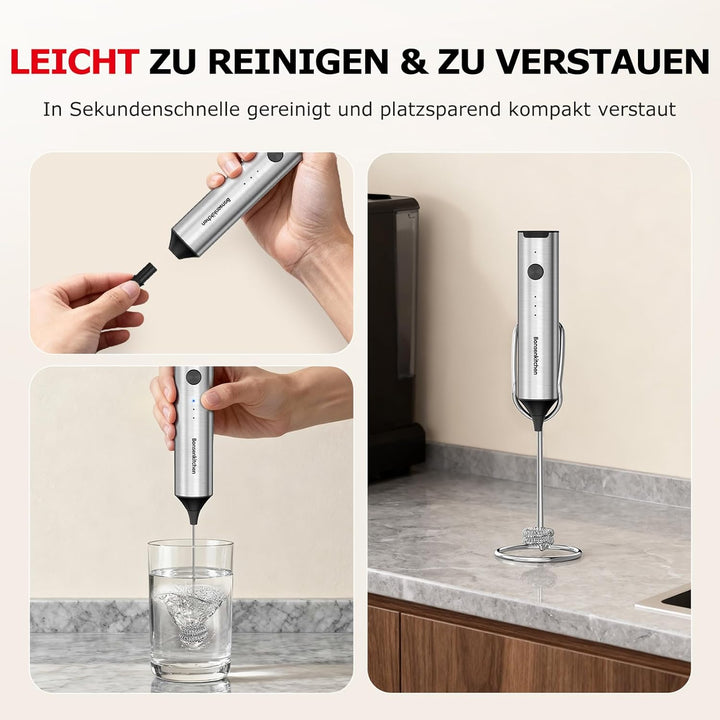 Bonsenkitchen Wiederaufladbarer Handmilchaufschäumer mit Ständer, 3-Geschwindigkeiten elektrischer M