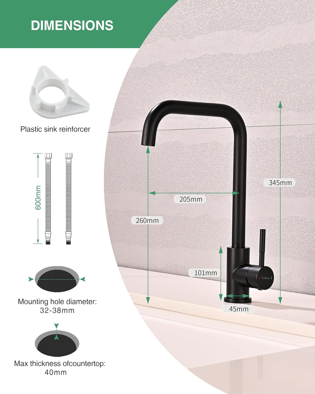 Niederdruck Armatur Küche Schwarz, 360 ° Drehbare Wasserhahn Küche, Schwarz