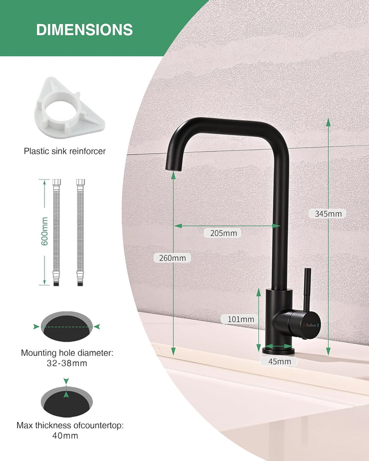 Niederdruck Armatur Küche Schwarz, 360 ° Drehbare Wasserhahn Küche, Schwarz