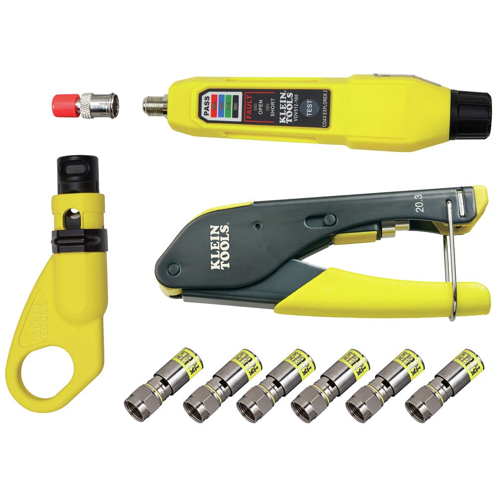 KLEIN TOOLS Koax-Installations- und Kabeltest-Set mit Crimpzange, Abisolierer, Tester und F-Steckern