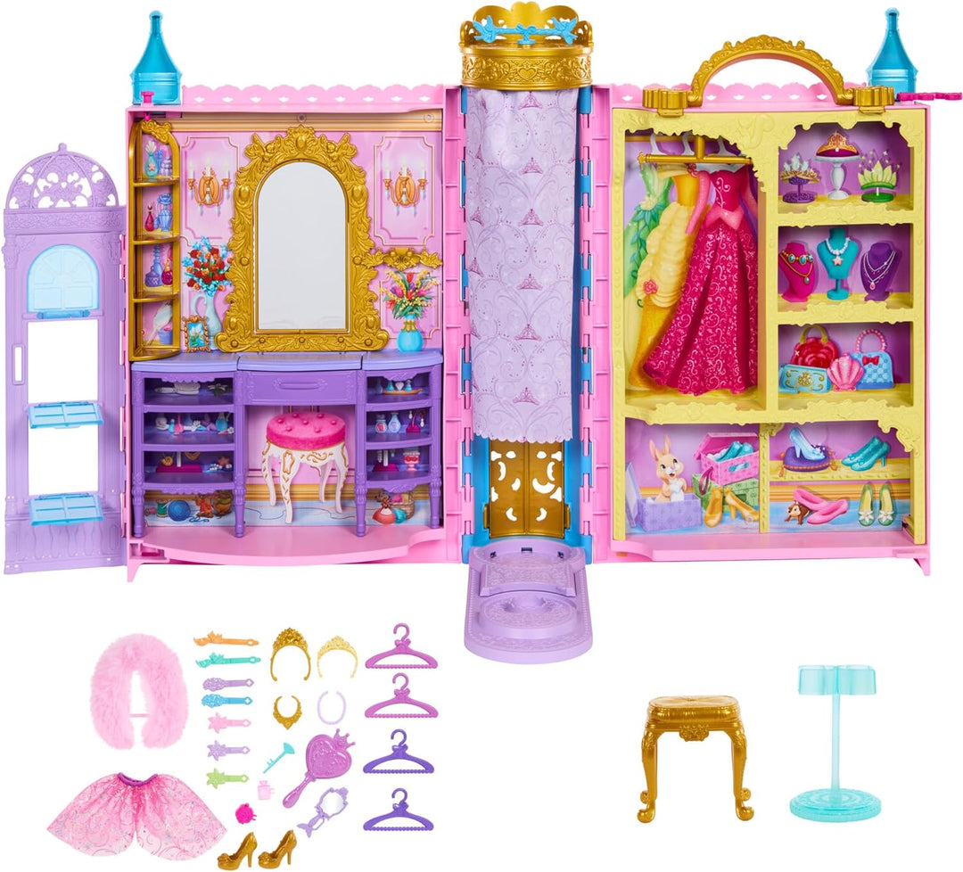 Mattel Disney Prinzessin-Schrankspielset mit 2 Kleidungsstücken, 25 Zubehörteilen, Frisiertisch, Ank