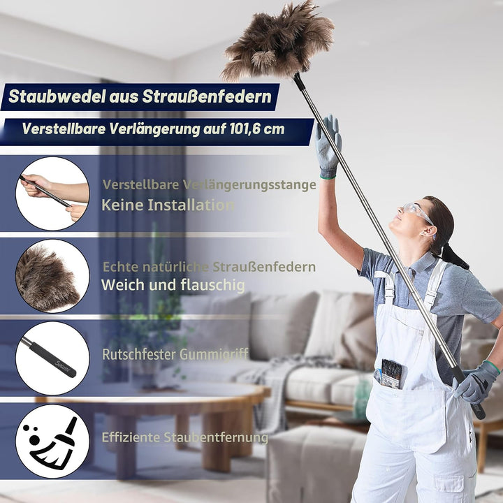 Soarer 40 Zoll Straussenfeder-Staubwedel - Ausziehbarer Griff, Holzgriff, flauschige natürliche echt