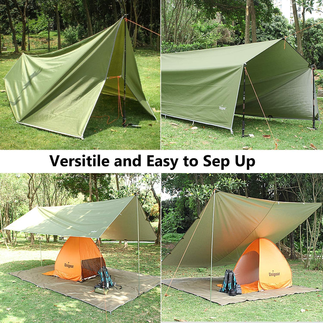 Unigear Tarp 3x3 3x4 3x5 4x4 wasserdicht, Zeltplane für Hängematte mit Ösen + 6/8 Erdnägel + 6/8 Sei