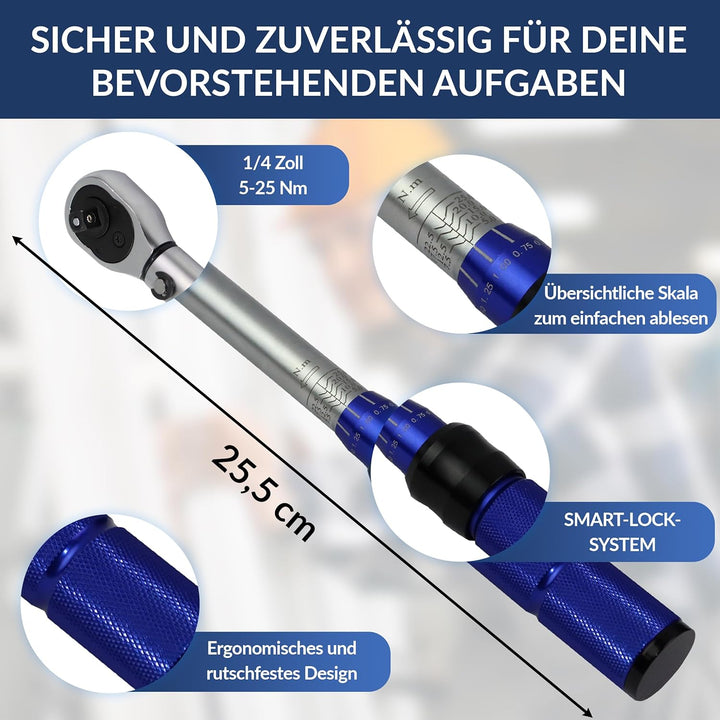 NTG Drehmomentschlüssel 1/4 Zoll 5-25 Nm | Drehmomentschlüssel Fahrrad & Motorrad | Set mit Verläng