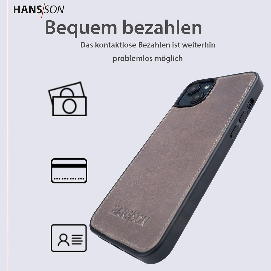 HANS/SON Echtlederhülle in Grau | iPhone 13 Pro Ledercase | Schutz vor Stürzen und Stössen | Magsafe