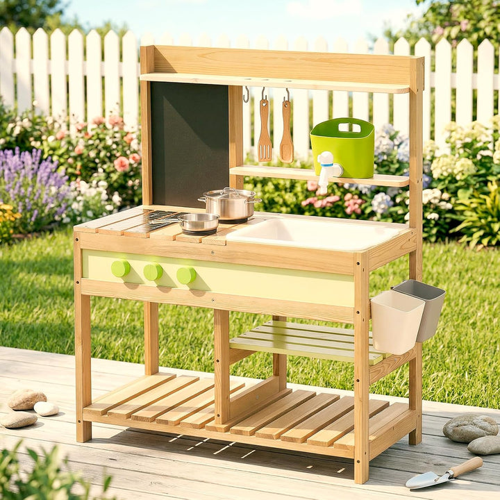 Gaint Bean Matschküche Kinder Outdoor, Holzspielzeug Spielküchenset für Jungen und Mädchen im Alter