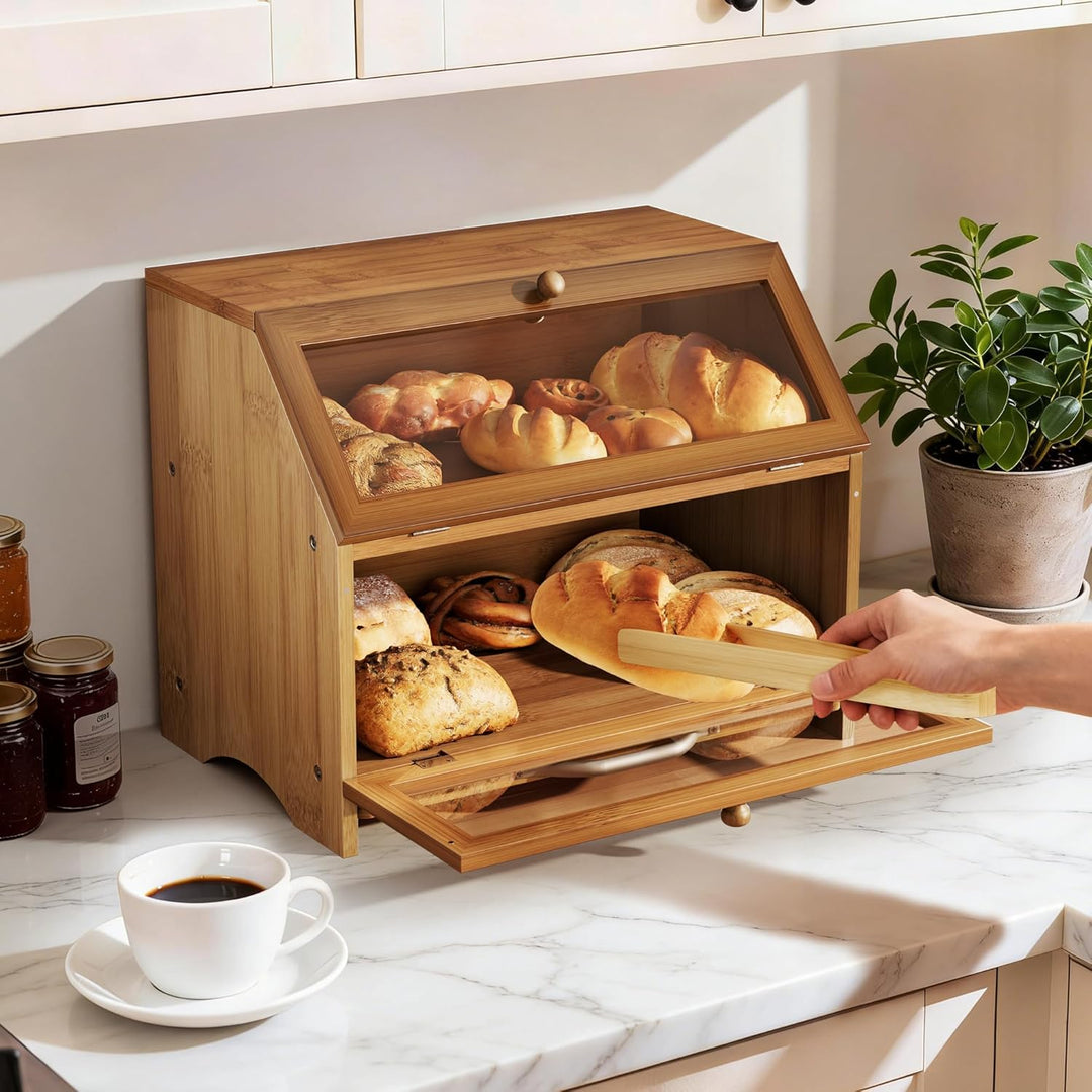 Pamapic Brotkasten Bambus, Brotkorb mit Schneidebrett, 2 Etagen Brotbox mit Brotzange, Brotaufbewahr
