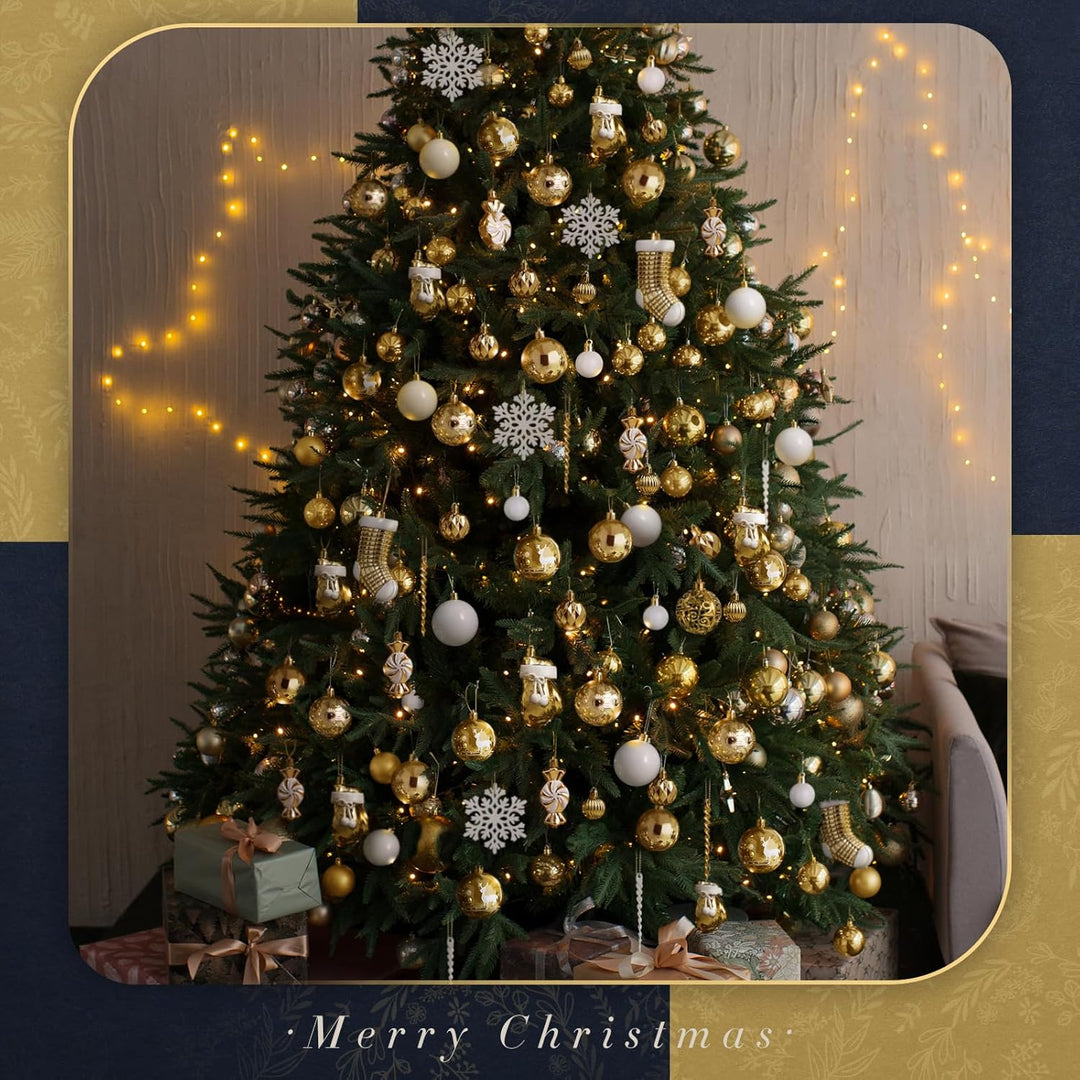 SOLEDI® 128er Set Premium Weihnachtskugeln Kunststoff Gold Weiss mit Baumspitze Stern - Robuste und