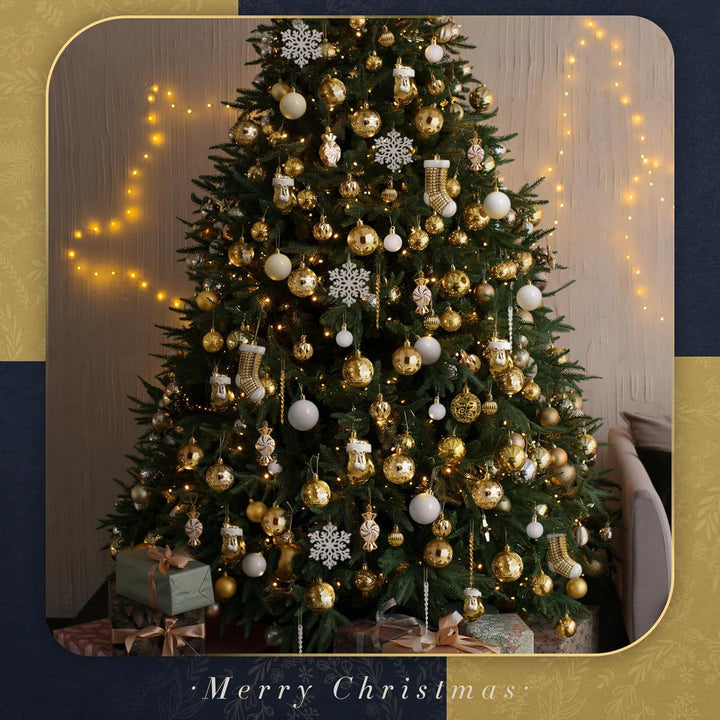 SOLEDI® 128er Set Premium Weihnachtskugeln Kunststoff Gold Weiss mit Baumspitze Stern - Robuste und