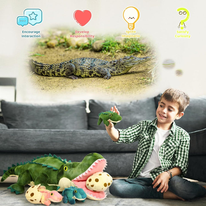MorisMos 60cm lang Krokodil Kuscheltier XXL,Plüschkroko mit 3 kleinen Plüsch-Baby-Krokodilen im 3 Ei