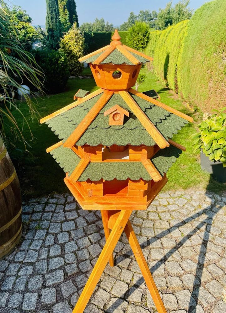 DARLUX Vogelvilla wetterfest von L bis XXL Futterhaus Vogelhaus mit oder ohne Ständer in Braun mit R