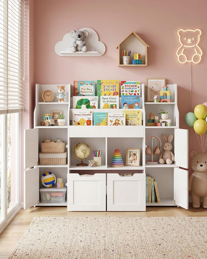 Kinder Bücherregal mit 2 Boxen Weiss Schmal Montessori Spielzeugregal für Kinderzimmer Aufbewahrung
