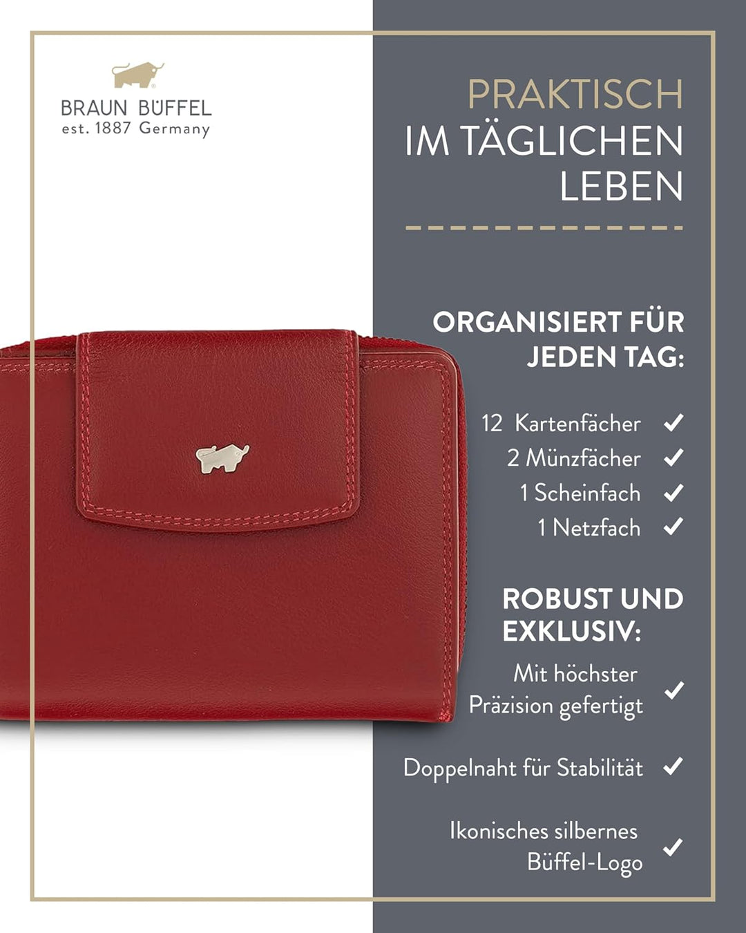 BRAUN BÜFFEL Damen Geldbörse aus echtem Leder Golf 2.0 - mit Reissverschluss - Portemonnaie für Frau