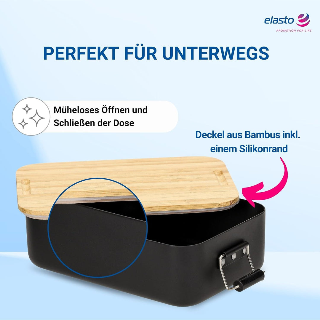 Brotdose Bamboo 900 ml - Bambusdeckel und Aluminiumbehälter in Schwarz | luftdicht, Schule, Büro, Pi