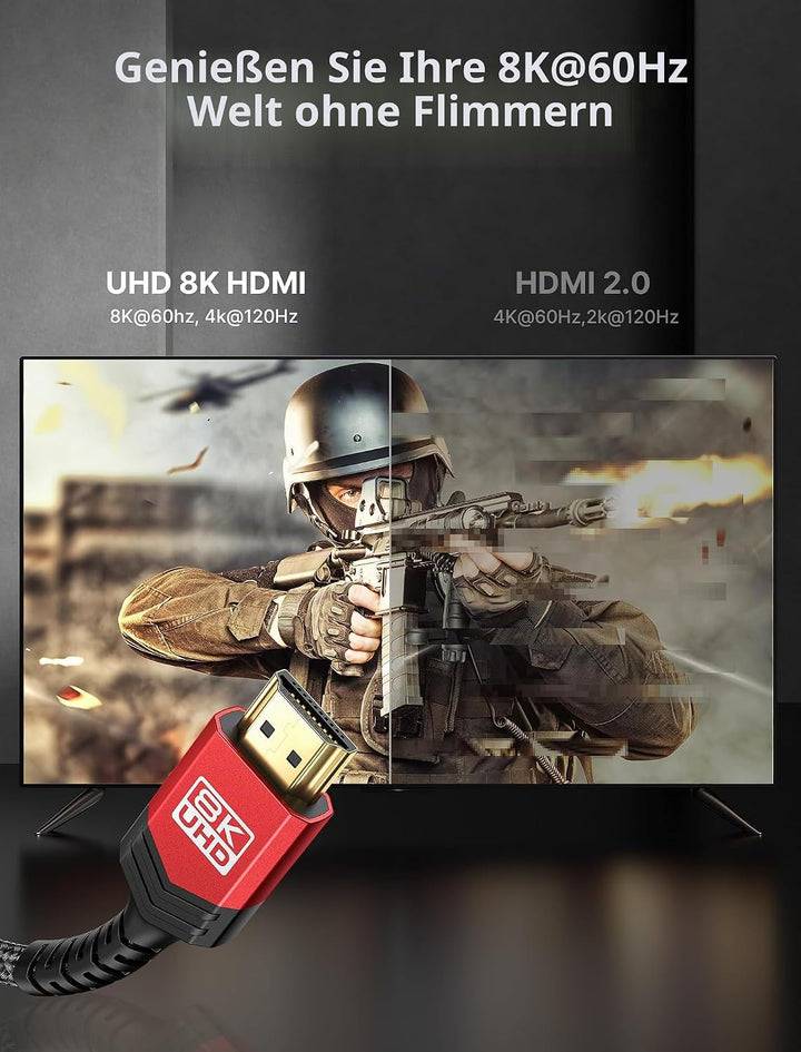 JSAUX 10K 8K HDMI Kabel 1.8M, HDMI 2.1 Kabel Highspeed Ethernet 48Gbps 8K@60Hz, 4K@120Hz, UHD HDR 10