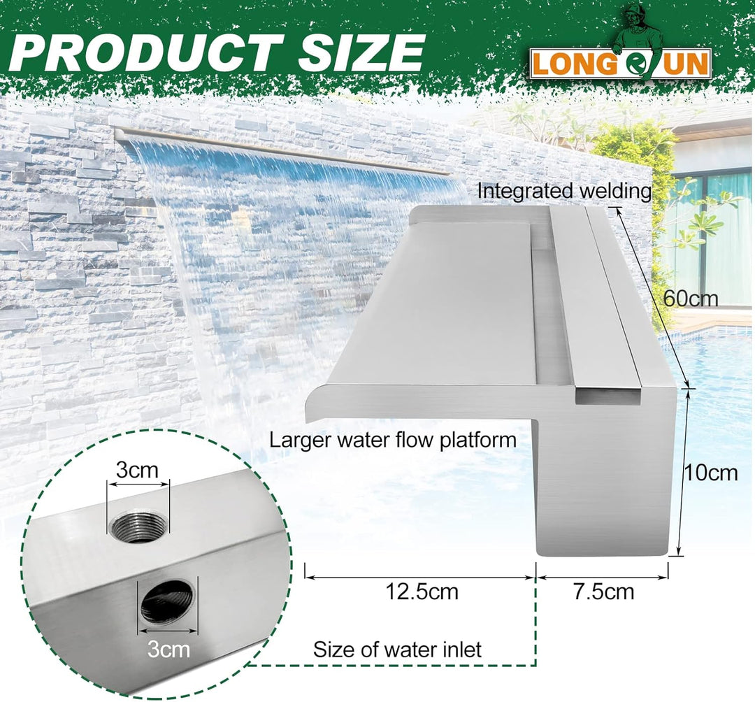 LONGRUN Edelstahl Wasserfall Überlauf, APP Kontrolle Multi-Farben LED-Licht Draussen Pool Brunnen, K