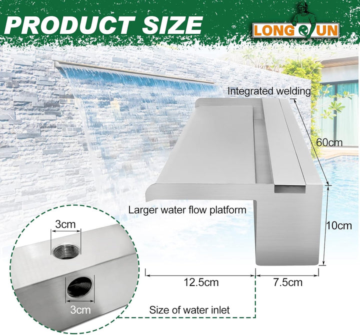 LONGRUN Edelstahl Wasserfall Überlauf, APP Kontrolle Multi-Farben LED-Licht Draussen Pool Brunnen, K