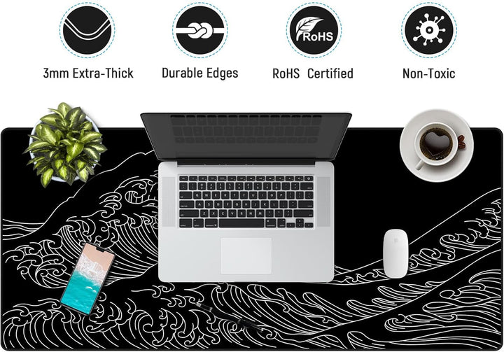 JIALONG XXL Speed Gaming Mauspad Schwarz 900 x 400mm - XXL Mousepad - Meereswelle Schreibtischunterl