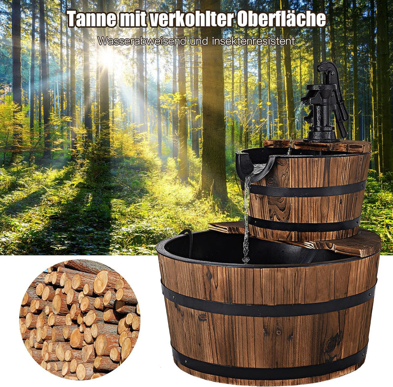 GOPLUS Holzfass-Brunnen mit Hochleistungspumpe, Springbrunnen aus Tannenholz, Wasserspiel im Freien