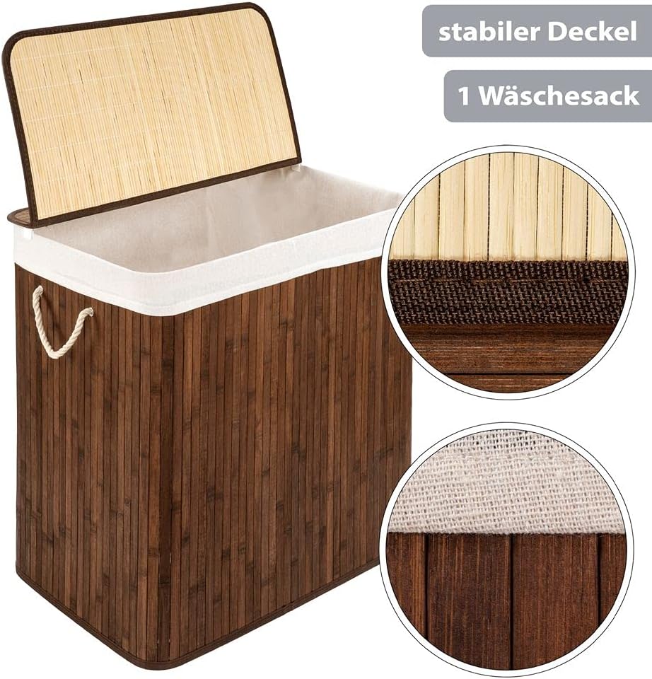 PANA®ECO Bambus Wäschekorb mit Deckel (72 L) • Wäschebox mit herausnehmbaren Wäschesack • Faltbarer