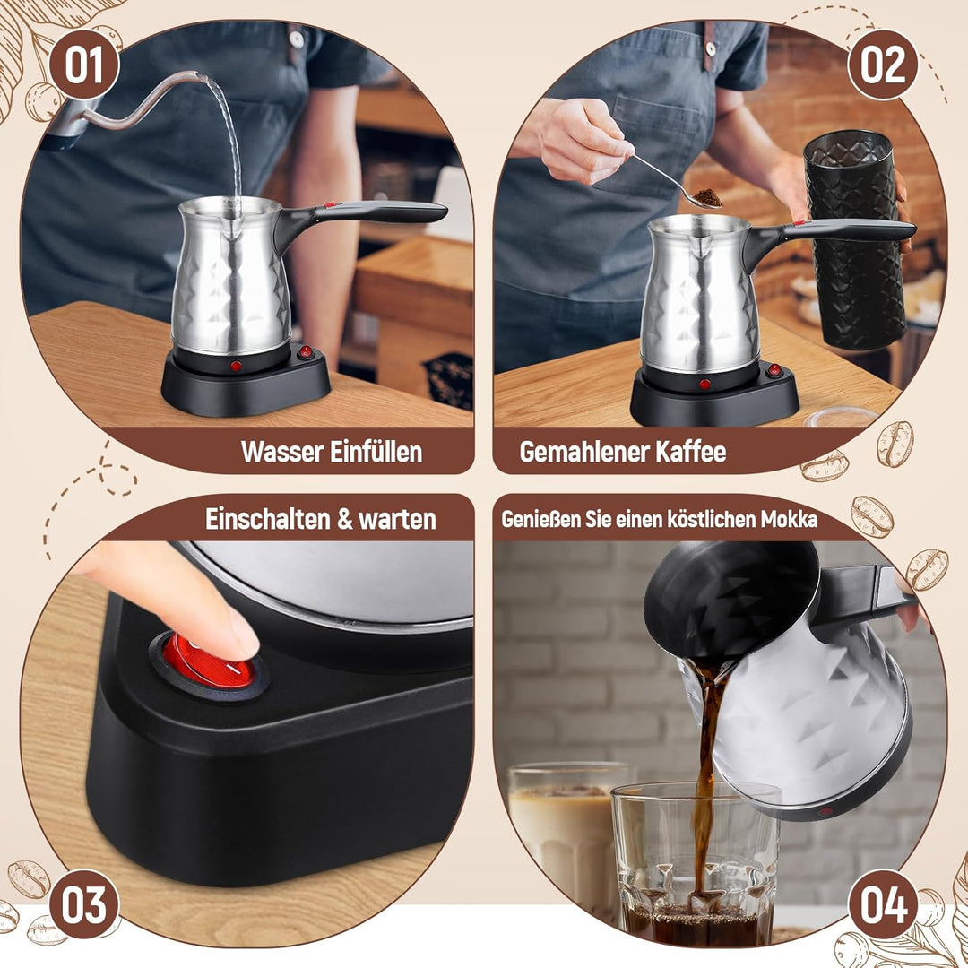 Milageto Espressokocher, 500 ml elektrische türkische Kaffeekanne, Edelstahl-Kaffeekessel, Teekessel