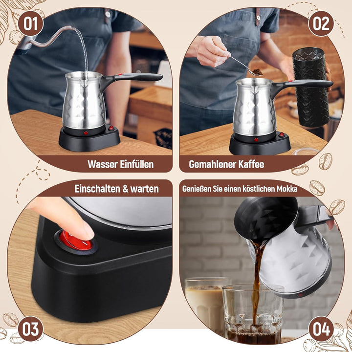 Milageto Espressokocher, 500 ml elektrische türkische Kaffeekanne, Edelstahl-Kaffeekessel, Teekessel