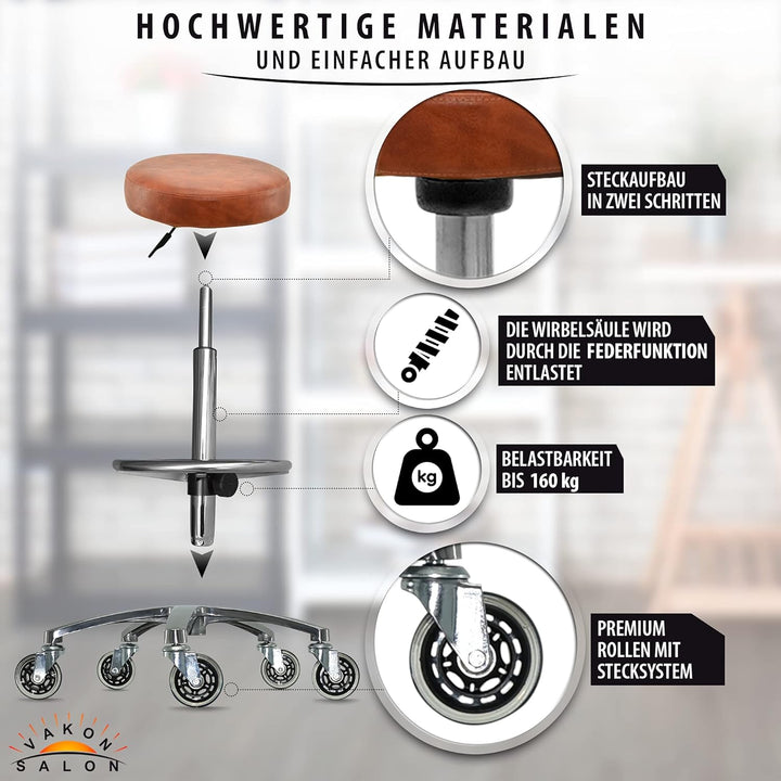 Premium Rollhocker Hellbraun mit Fussring - Höhenverstellbar von 55-75 cm - Rundsitz Drehhocker Arbe