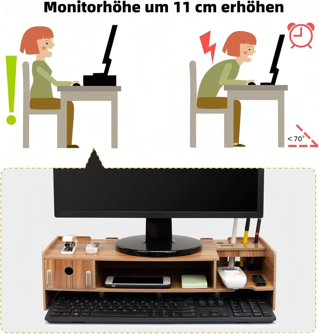 Monitorständer Holz, Unterbau Bildschirm, Multifunktionaler Bildschirmerhöhung, Büro Schreibtisch Or