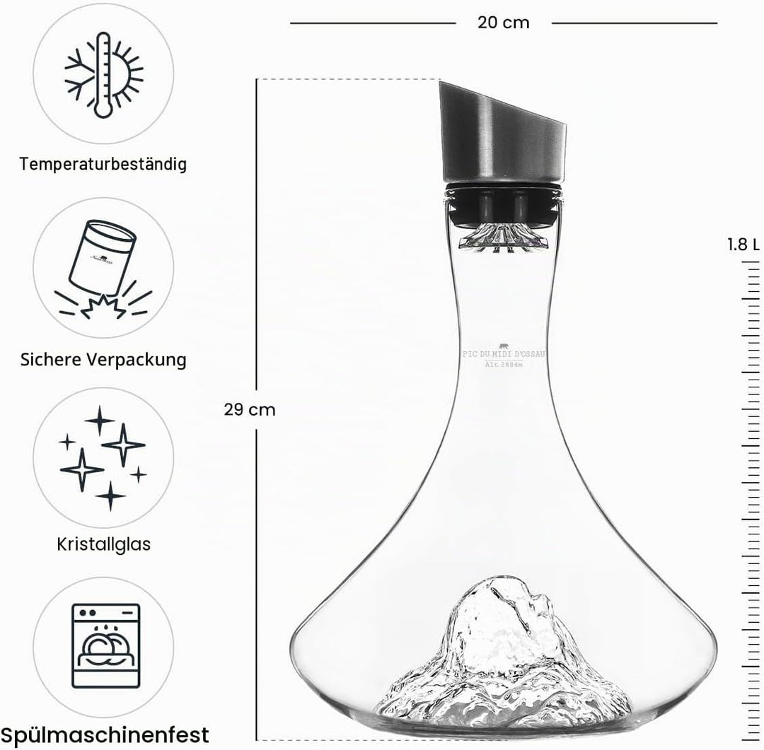 Weindekanter, 1,8 l, hochwertiges Kristallglas, mundgeblasen, mit geprägten Bergen, 3-in-1-Verschlus