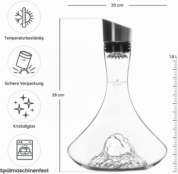 Weindekanter, 1,8 l, hochwertiges Kristallglas, mundgeblasen, mit geprägten Bergen, 3-in-1-Verschlus