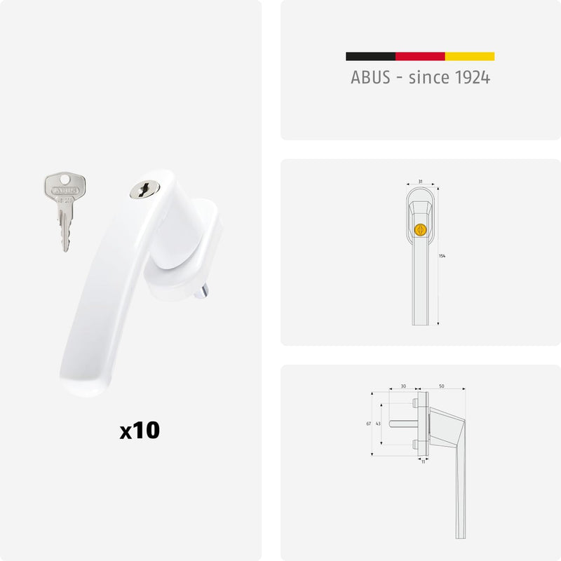 ABUS Abschliessbarer Fenstergriff FG200 AB208 - 10er Set - Fensterknauf mit Druckzylinder, gleichsch