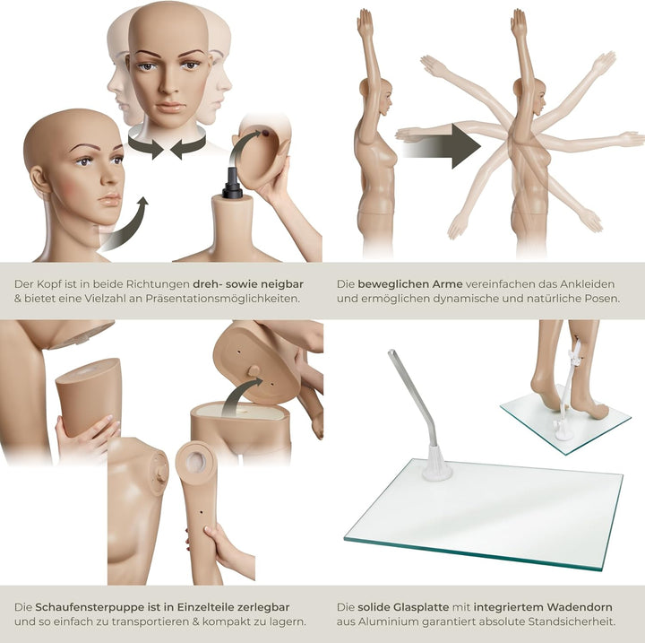 TecTake Schaufensterpuppe Zerlegbare Puppe | drehbar und beweglich | Glasplatte mit Wadendorn - Vers