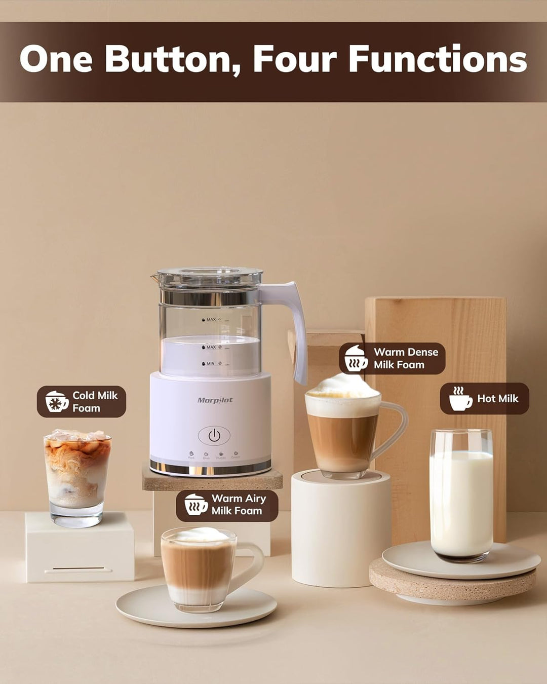 Morpilot Milk Frother Elektrische Melkopschuimer, Van Glas, Mooi Om Te Zien 6 In 1 Functie Inhoud 250 Ml Cappuccino Of 500 Warme Melk Gedeeld Design Wit 2471608149