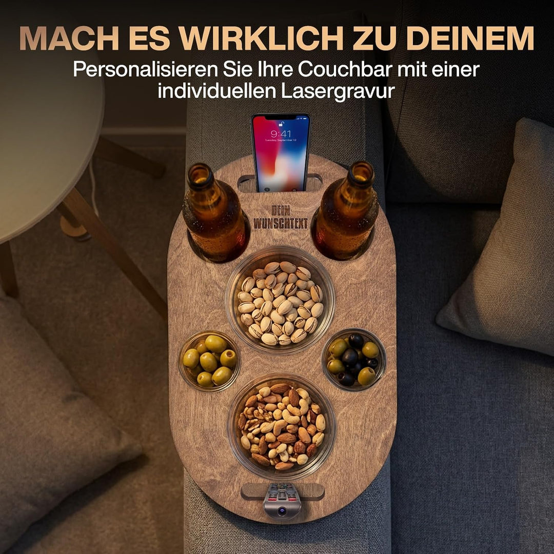 Couchbar Snackbox in Eiche mit 4 Glasschalen PERSONALISIERBAR Sofabar für Snacks und Getränke - Couc