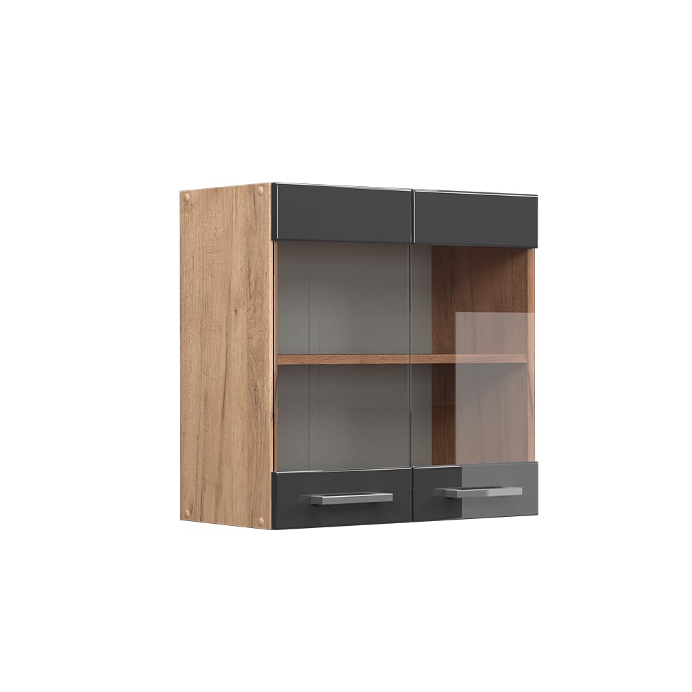 Vicco Küchenschrank Glas R-Line, Anthrazit Hochglanz/Goldkraft Eiche, 60 cm Anthrazit Hochglanz Häng