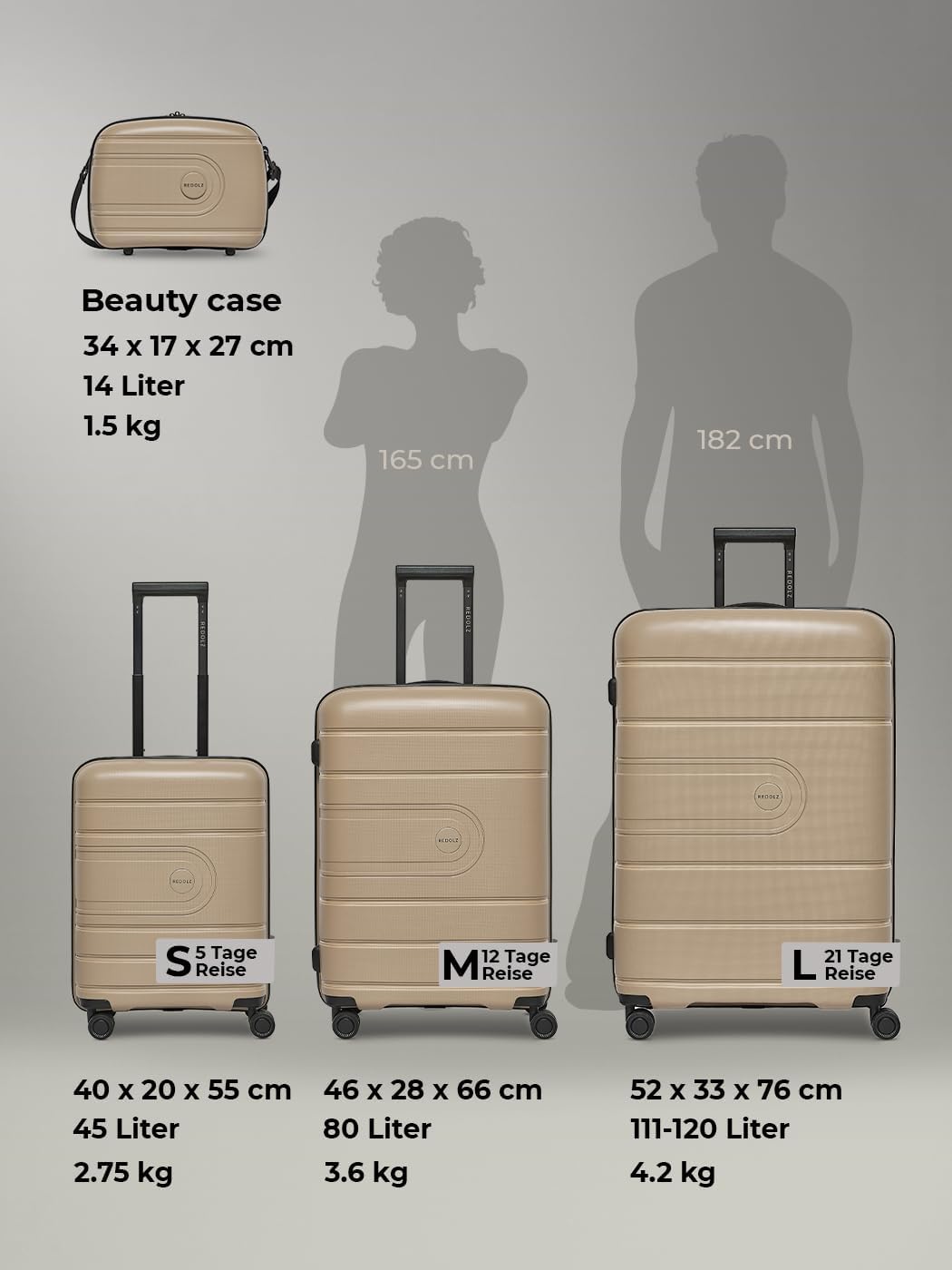 REDOLZ Hartschalen Check-in Koffer | Mittelgrosser M Trolley 46 x 28 x 66 cm mit Dehnfalte aus hochw
