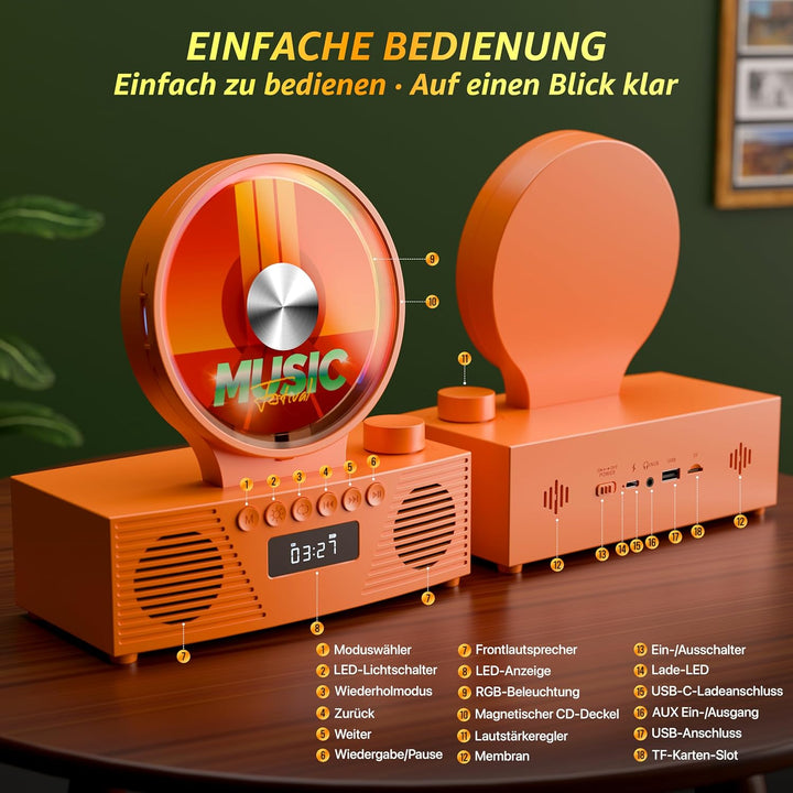 ROADOM Tragbarer CD-Player mit Bluetooth, Hi-Fi Stereo & Akku | Bluetooth TX & RX, 4000mAh Akku, Ret