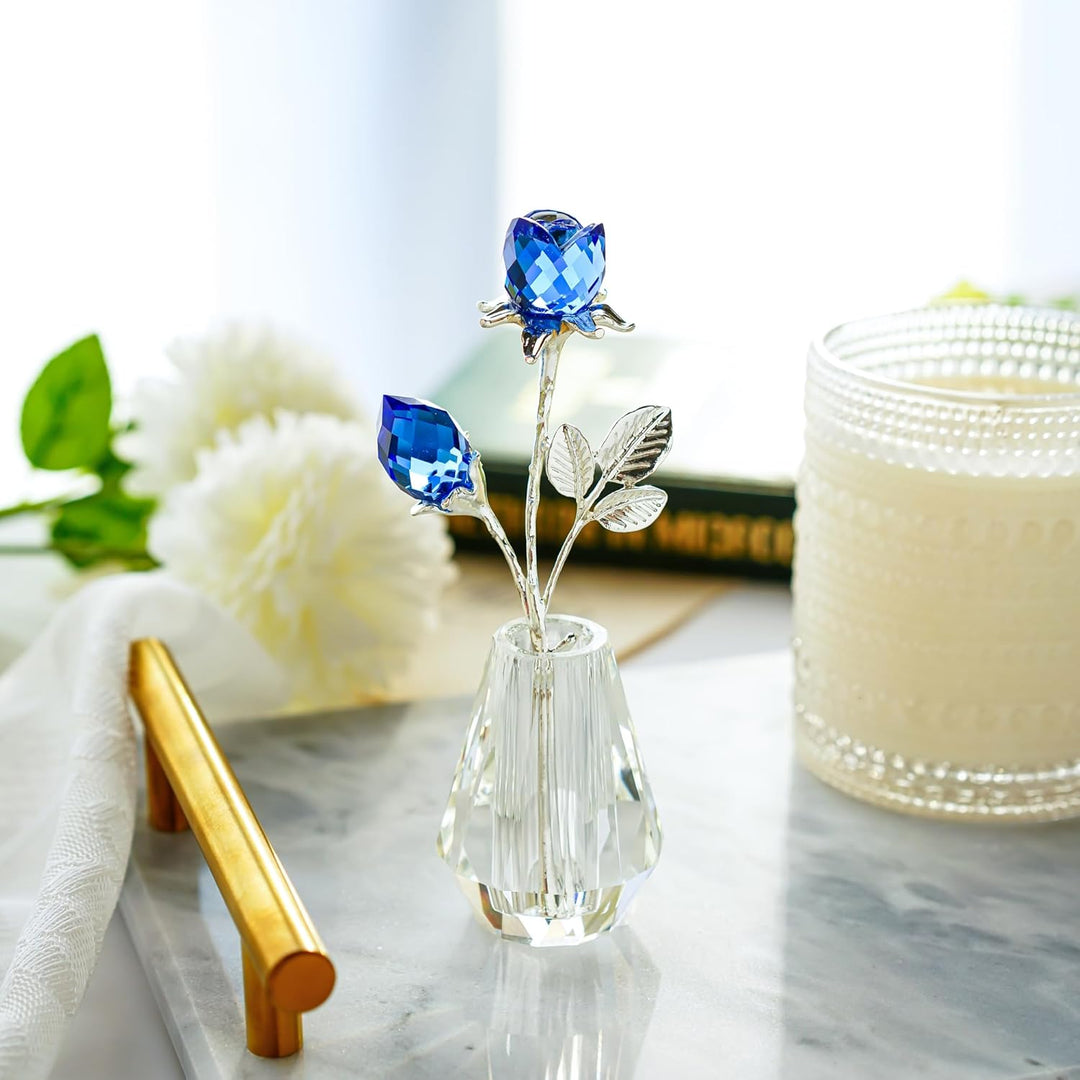 H&D Zwei kristallblaue Rosen,Kristall Rosen Figuren mit silberner Stange,Für Immer Kristallrose Brie