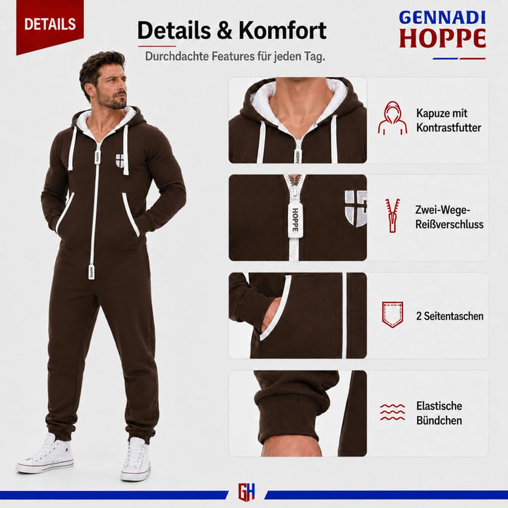 Gennadi Hoppe Herren Jumpsuit Onesie Jogger Einteiler Overall Slim Fit S Braun (Brown), S Braun (Bro