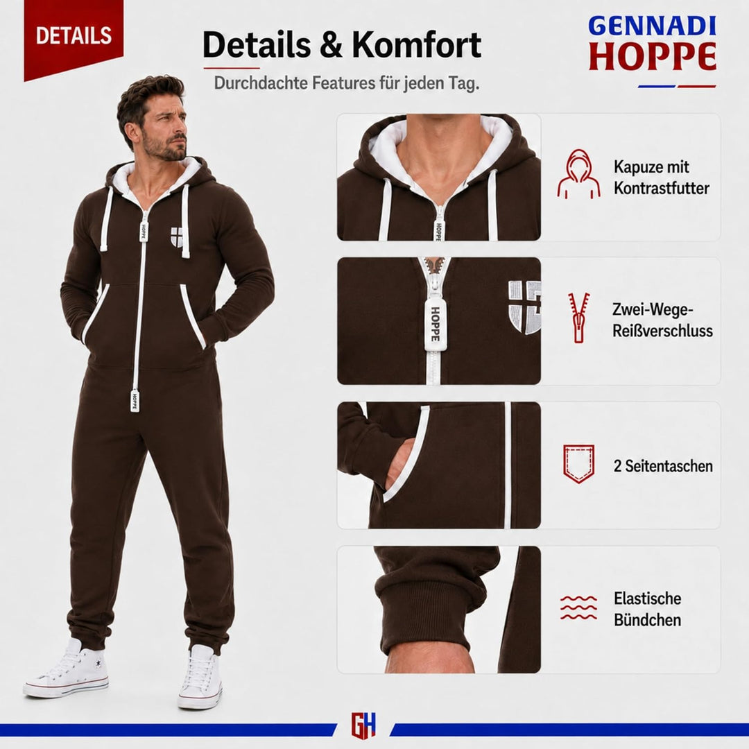 Gennadi Hoppe Herren Jumpsuit – Weicher &amp; Bequemer Hausanzug L braun (brown), L braun (brown)