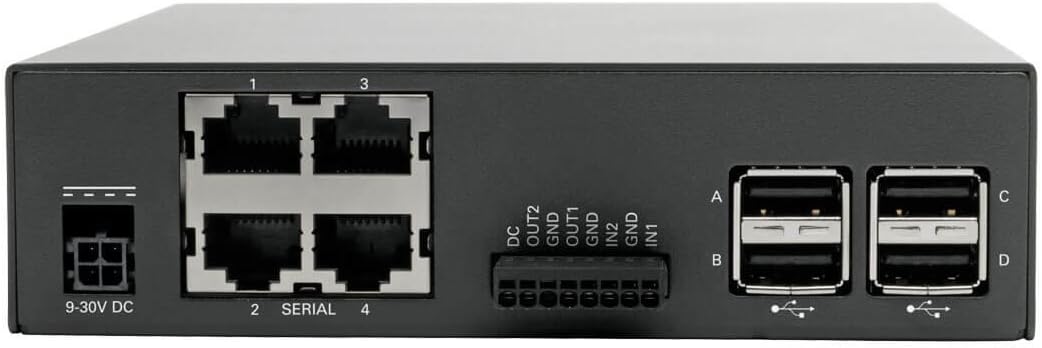 Tripp Lite B093-004-2E4U Konsolenserver mit 4 Ports, 2 GB-NIC, 4 GB Flash und 4 USB-Anschlüssen.