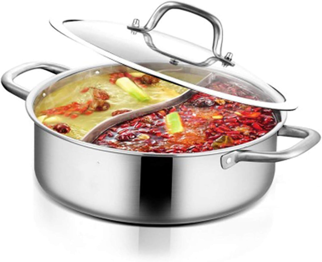 304 Lebensmittelqualität Edelstahl Shabu Shabu Hot Pot mit Trennwand, und 1 Deckel aus gehärtetem Gl