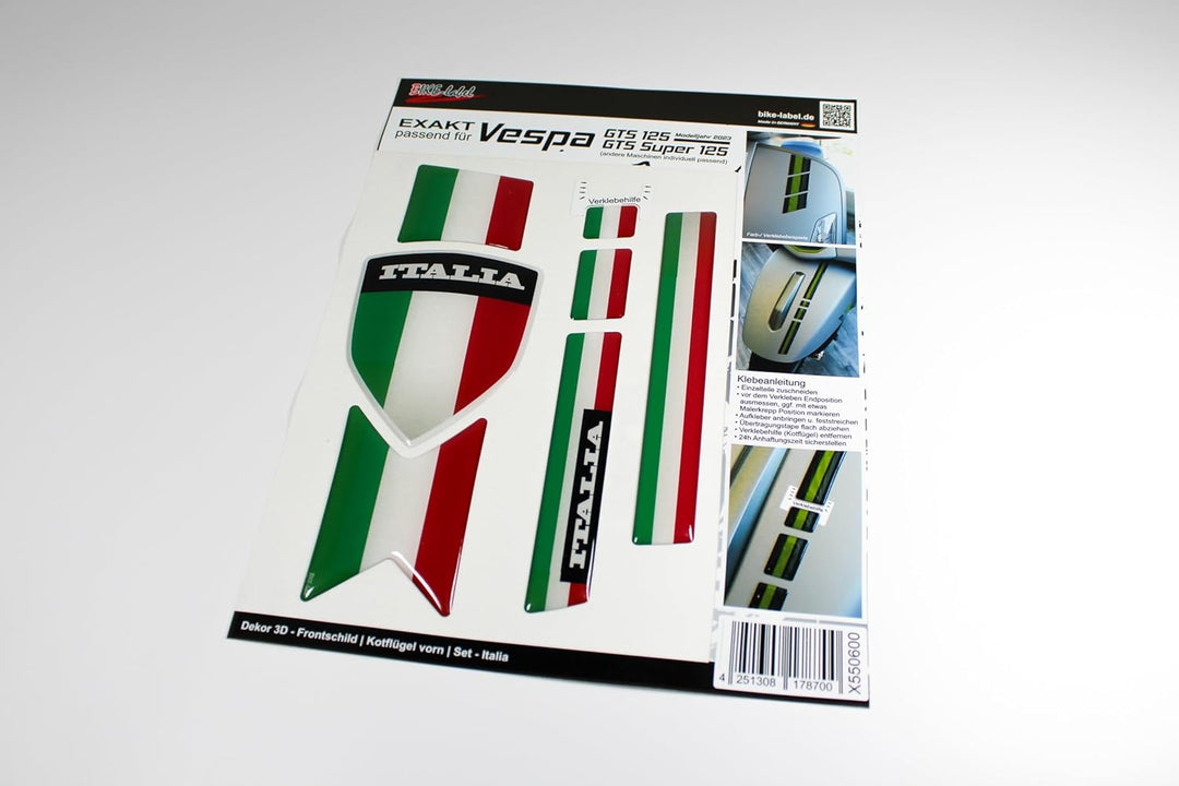 Tankpad Deko Aufkleber Set 3D Italia Frontschild kompatibel mit Vespa GTS 125 + Super 125 X550600VA,
