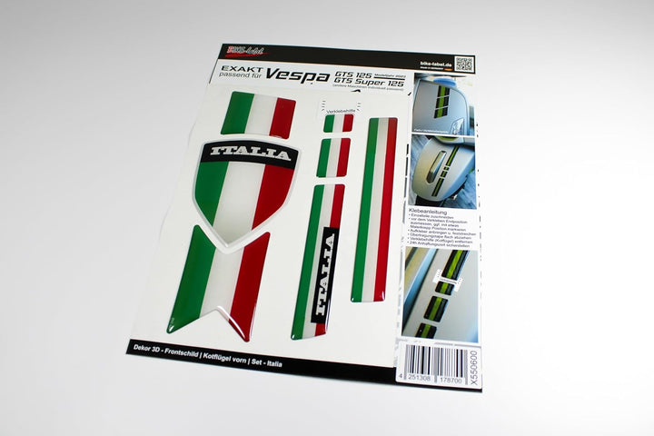 Tankpad Deko Aufkleber Set 3D Italia Frontschild kompatibel mit Vespa GTS 125 + Super 125 X550600VA,