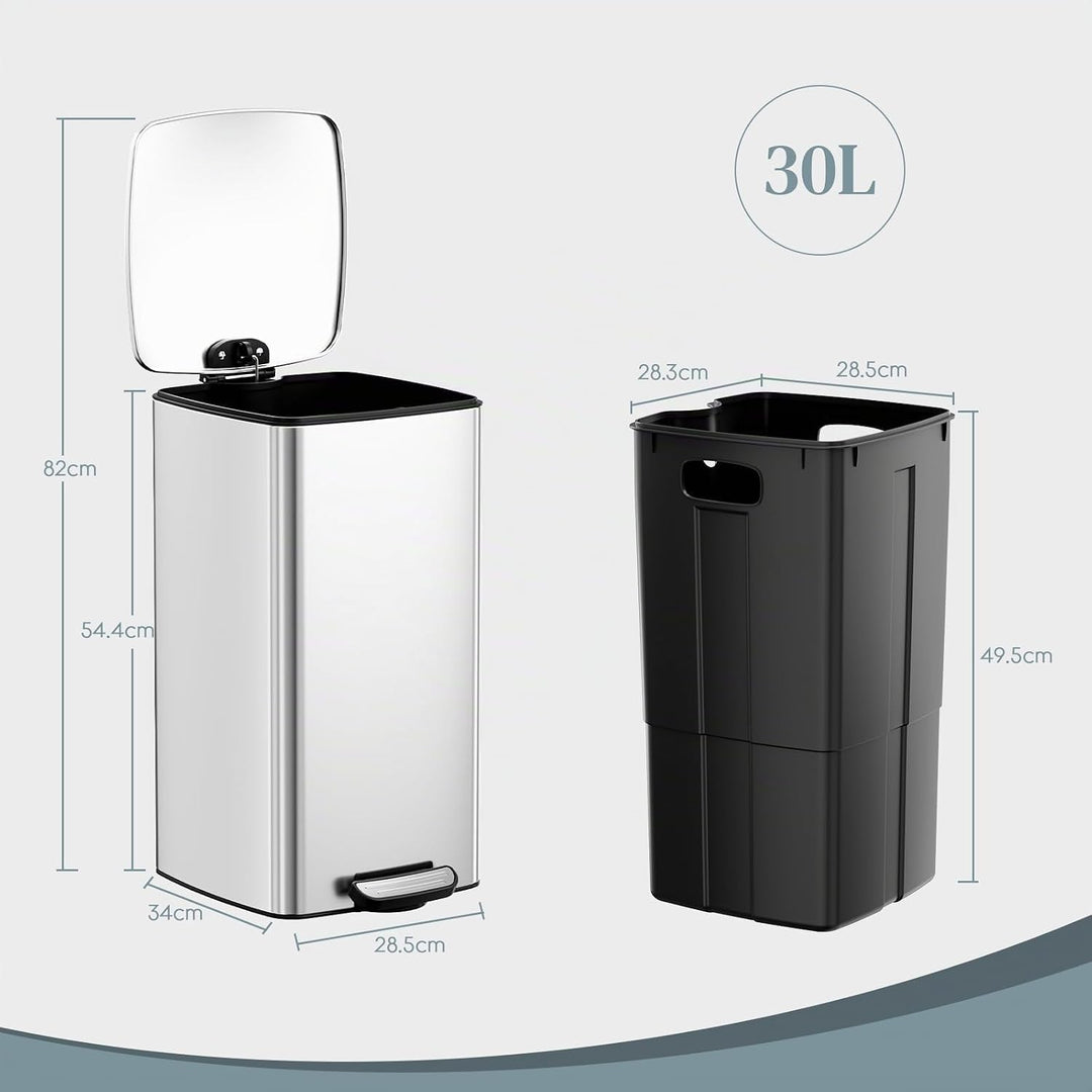 LIFERUN Mülleimer 30L aus Stahl, rechteckiger Abfalleimer mit Soft-Close-Deckel, Pedal und Inneneime