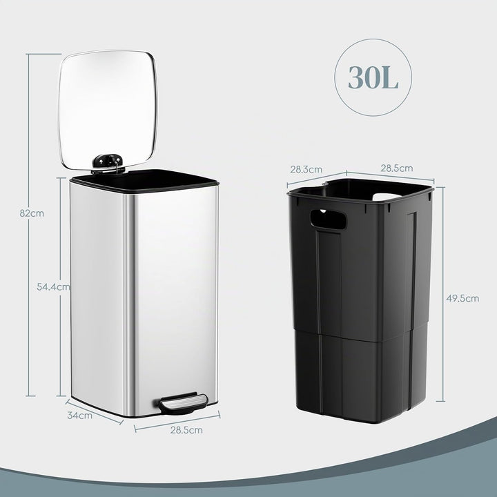 LIFERUN Mülleimer 30L aus Stahl, rechteckiger Abfalleimer mit Soft-Close-Deckel, Pedal und Inneneime