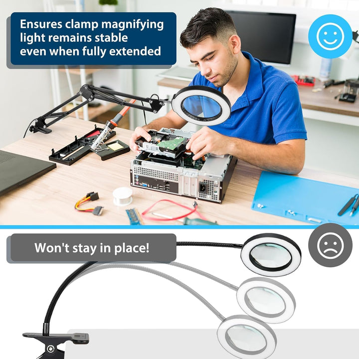 10X Lupe mit Licht und Klemme, LED Lupenlampe mit Glaslinse, 5 Farbmodi Stufenlosem Dimmen, Lupe mit