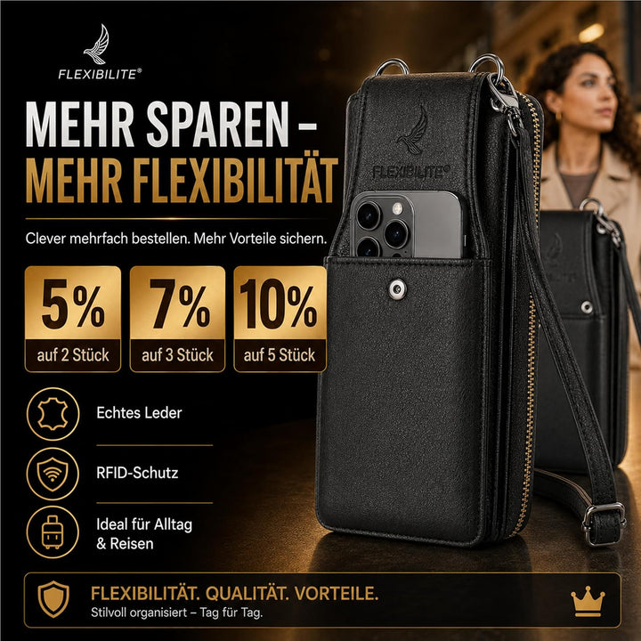 FLEXIBILITE® Handytasche zum Umhängen aus echtem Leder I EXTRA leicht 220 g mit RFID I Handy Portemo